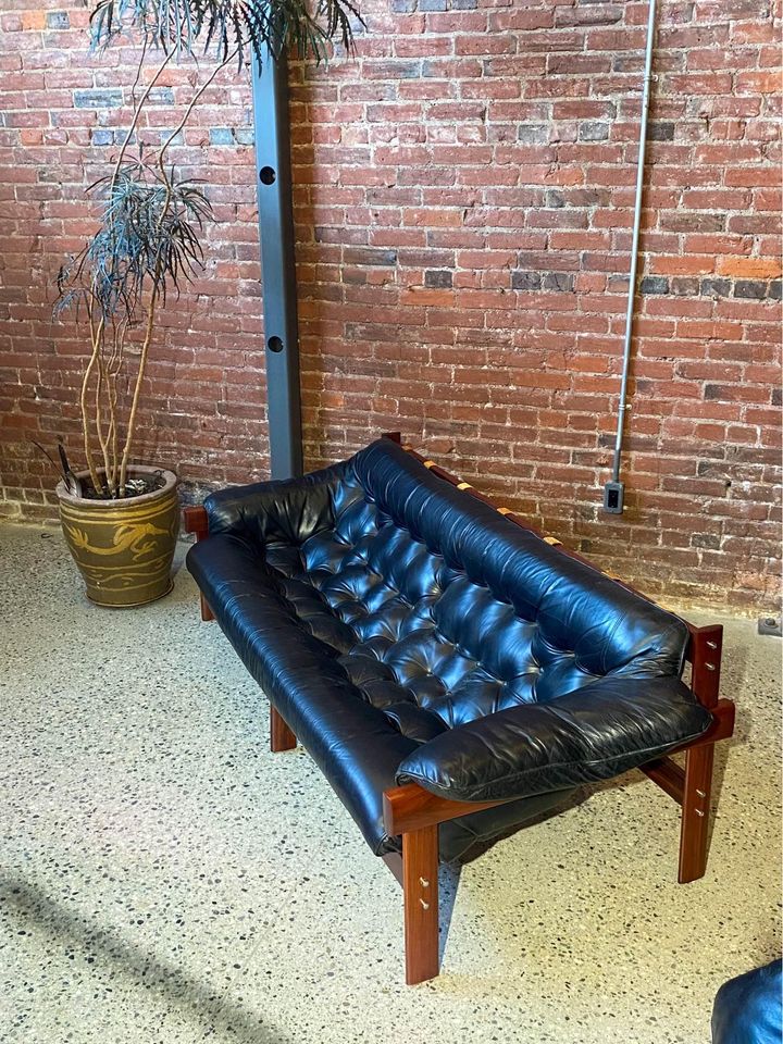 1970s “MP41” Brazilian Wood and Leather Sofa by Percival Lafer