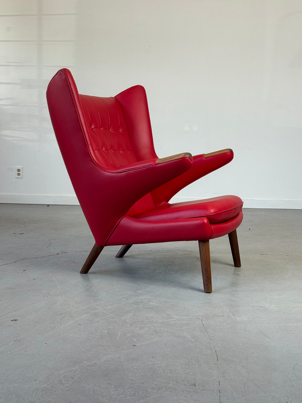 Pair of 1950s AP19 Papa Bear Lounge Chairs by Hans J. Wegner for A.P. Stolen in Red Leather, Denmark.