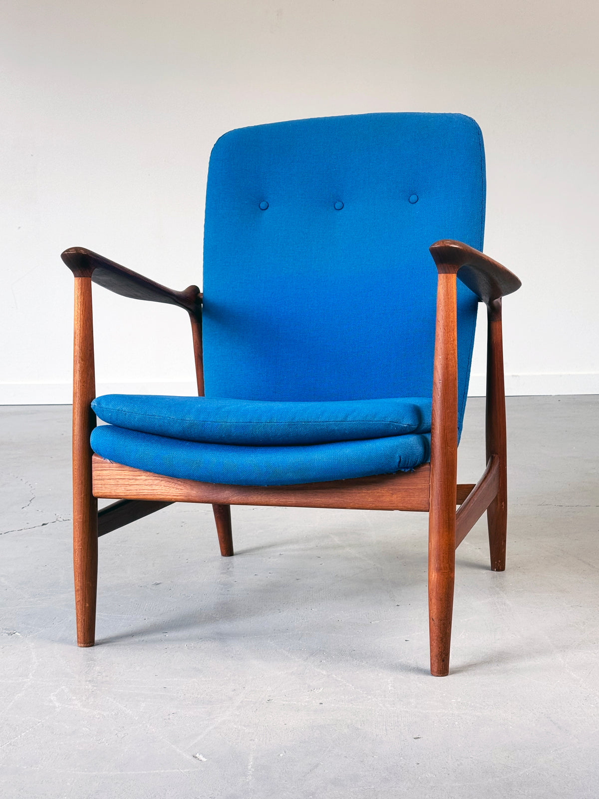1950s BO95 Chair by Finn Juhl for Bovirke in teak and original blue wool.