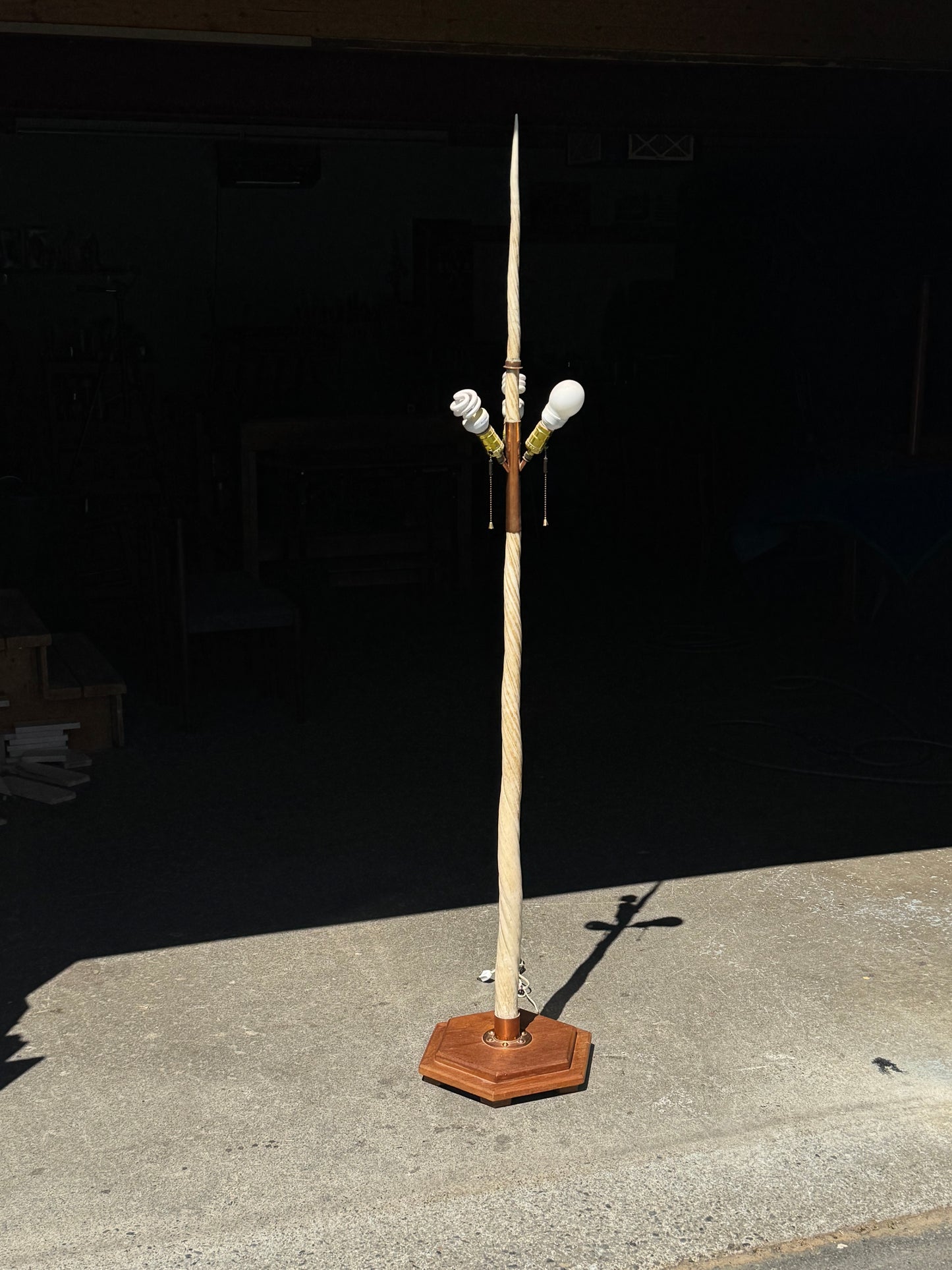 1960s Narwhal Tusk Floor Lamp in teak and copper