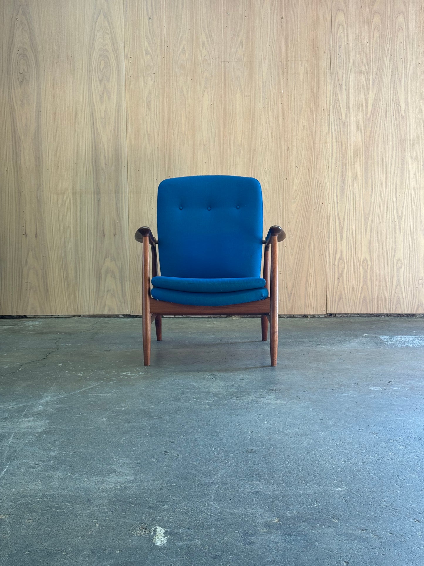1950s BO98 Chair by Finn Juhl for Bovirke in teak and blue wool