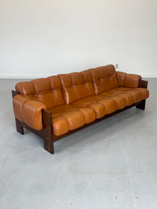 1970s Finnish Cognac Leather and Rosewood Three-Seat Sofa by Kalustekiila