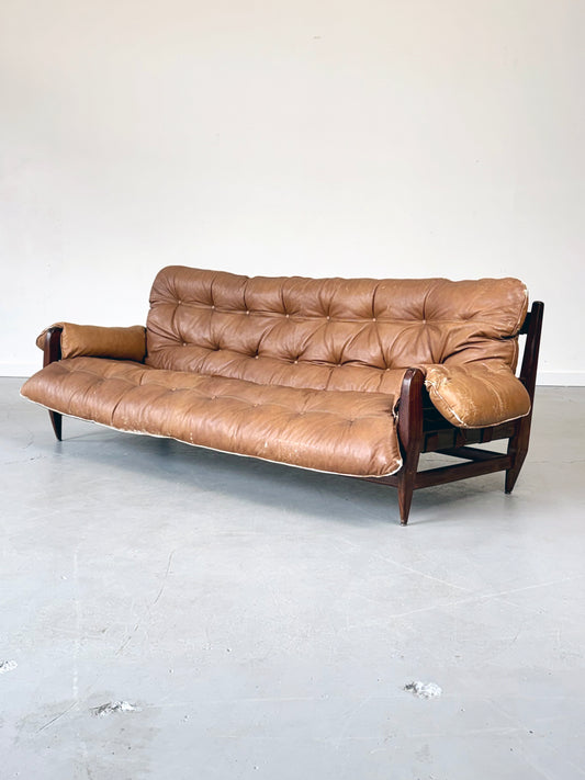 1960s Jean Gillon “Rodeio” Sofa in Original Leather and Brazilian Rosewood for WoodArt, Brazil.
