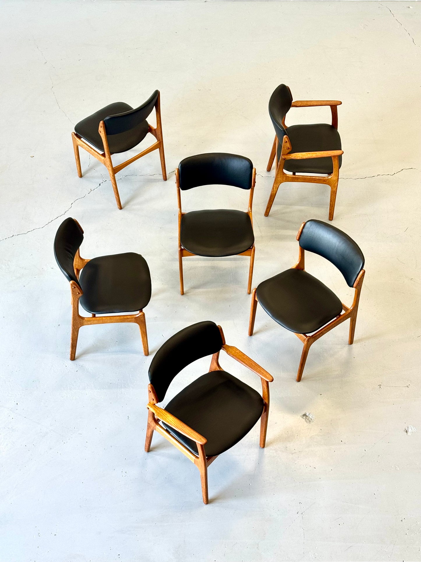 1960s Erik Buch Model 50 Dining Chairs in Teak and Black Elmosoft Leather for O.D. Møbler