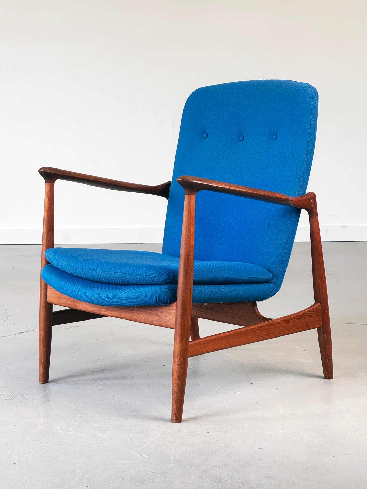 1950s BO95 Chair by Finn Juhl for Bovirke in teak and original blue wool.