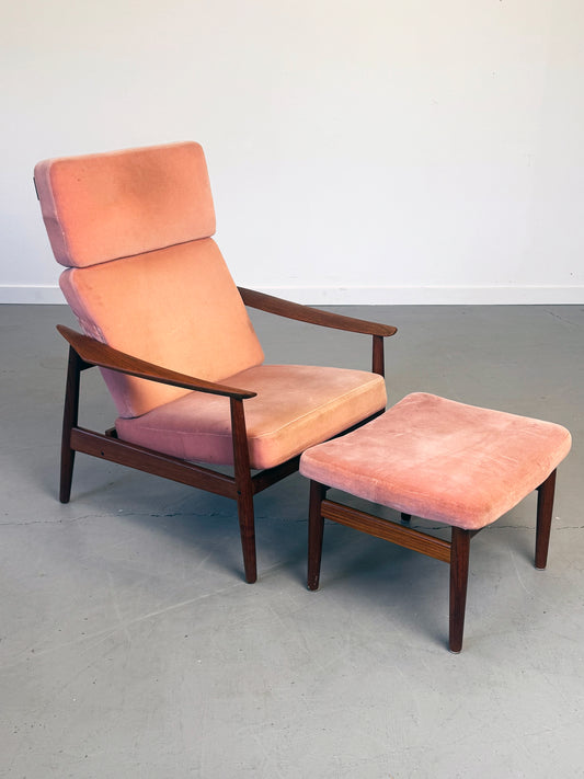 1960s Arne Vodder Model FD 164 Reclining Lounge Chair and Ottoman for France & Søn, Denmark.