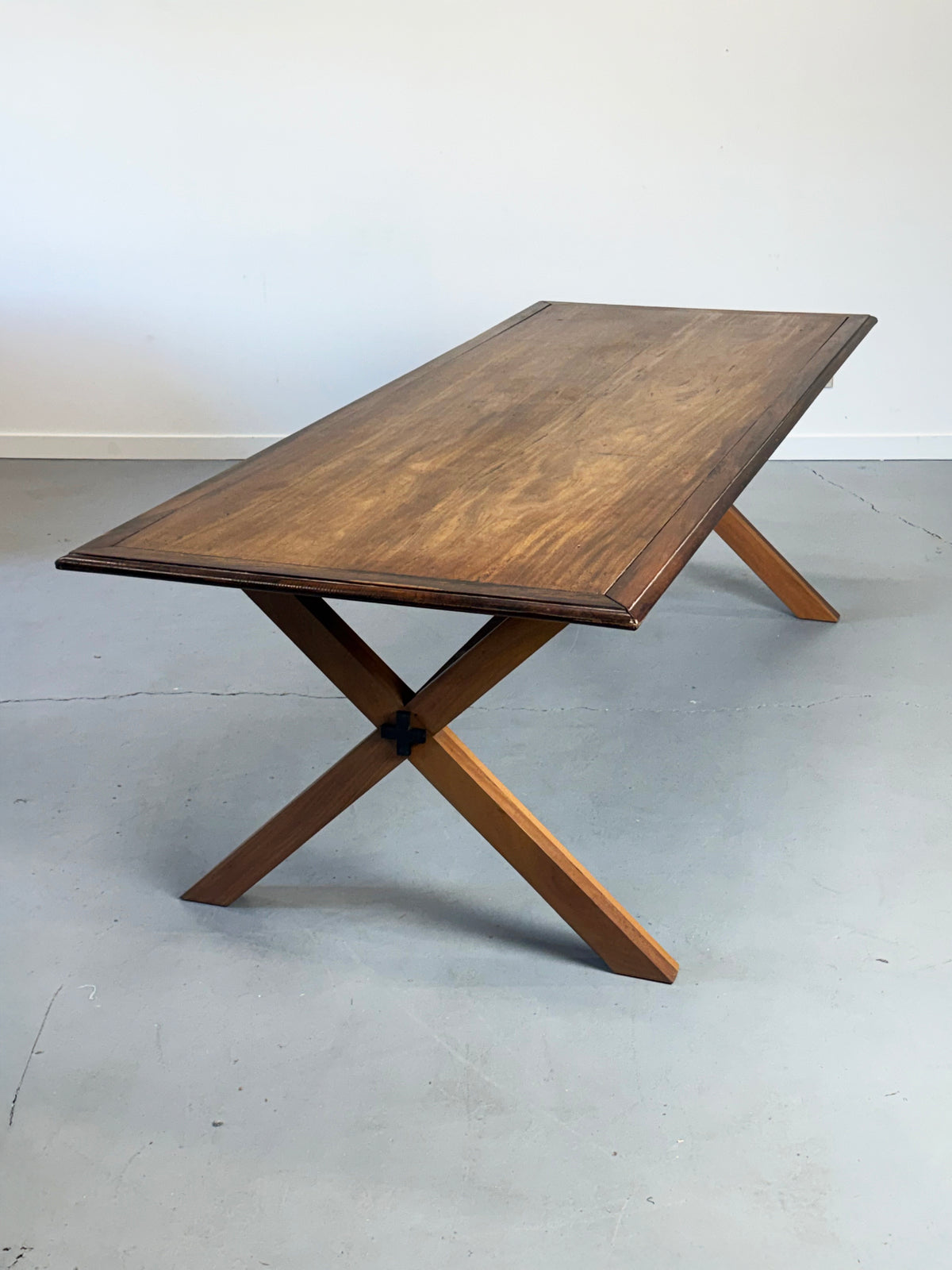 Vintage Monumental Solid Walnut and Rosewood Dining Table with X-Frame Base.