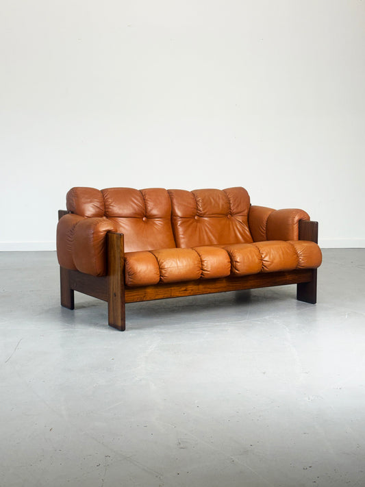 1970s Finnish Cognac Leather and Rosewood Two-Seat Sofa by Kalustekiila