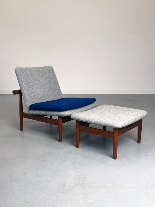 1950s Finn Juhl Japan Lounge Chair and Ottoman for France & Son in Teak and Kvadrat Hallingdal.