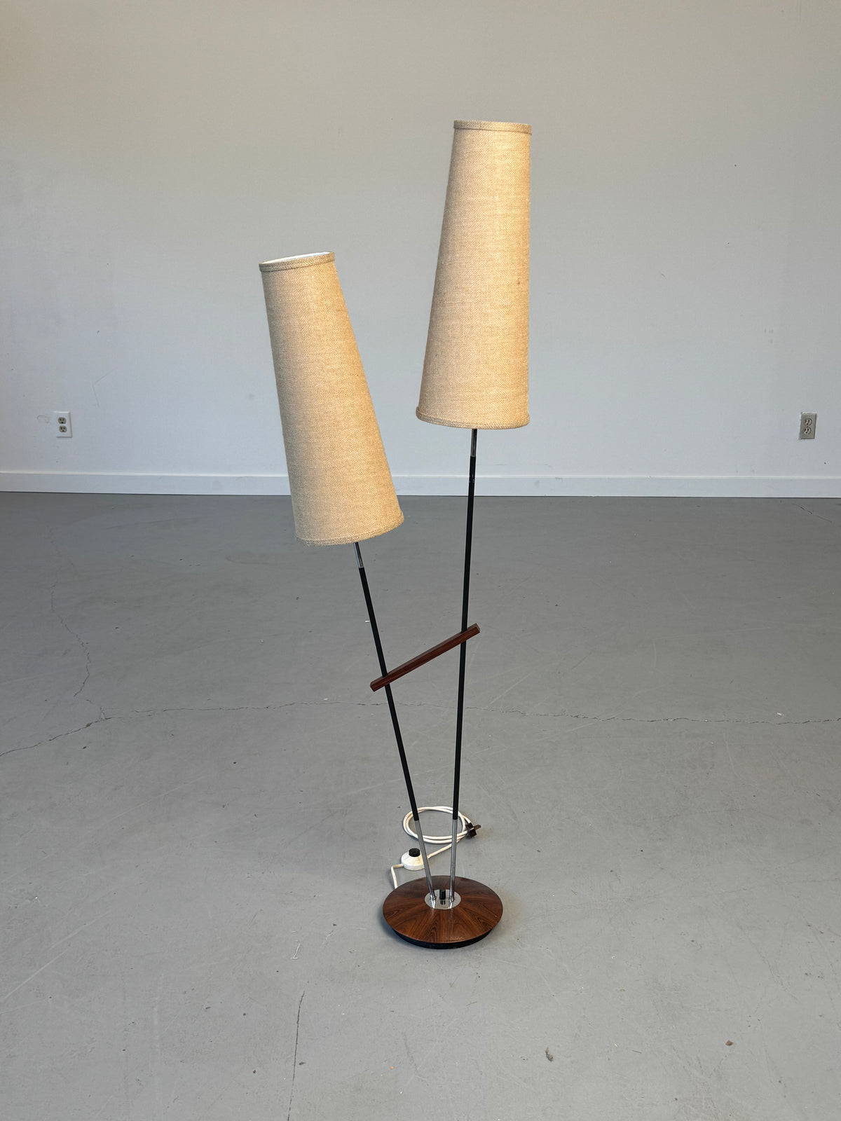 1950s–1960s German Twin-Cone Floor Lamp in Rosewood, steel, Chrome and Textured Fabric.