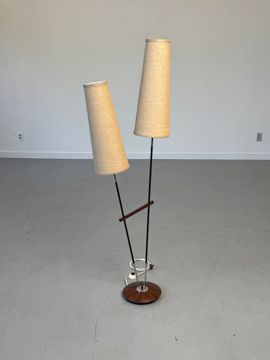 1950s–1960s German Twin-Cone Floor Lamp in Rosewood, steel, Chrome and Textured Fabric.