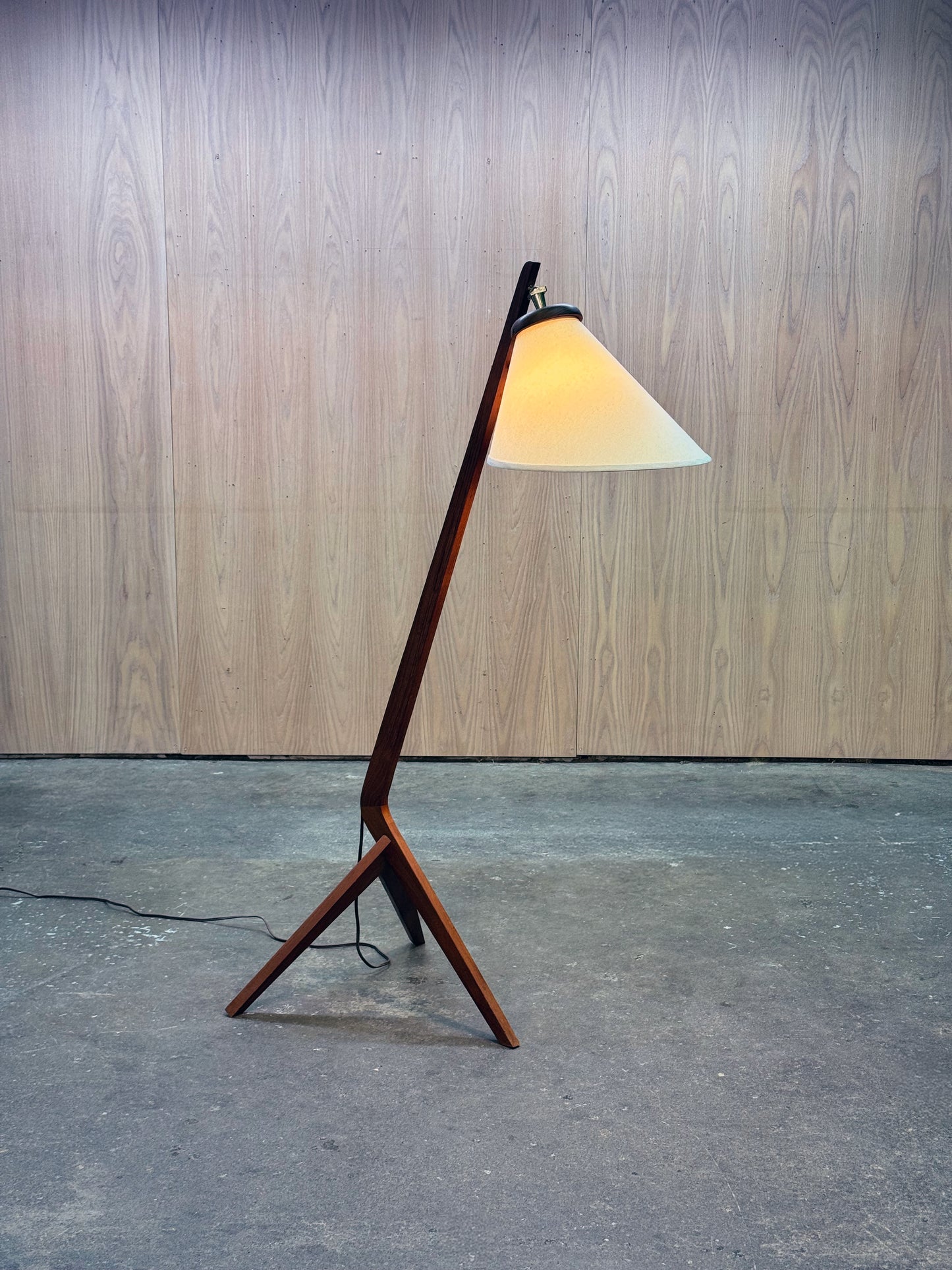 1960s Boomerang Floor Lamp in teak and fabric shade