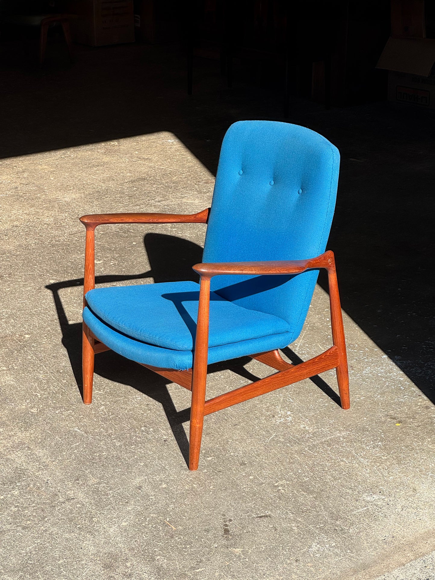 1950s BO98 Chair by Finn Juhl for Bovirke in teak and blue wool