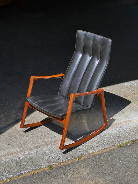 1950s Rocking Chair by Helge Vestergaard-Jensen for Soren Horn in Cuban mahogany and black leather