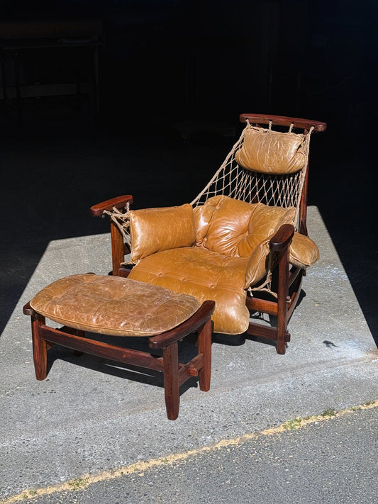 1960s Jangada Lounge Chair and Ottoman by Jean Gillon in Rosewood and original Brown Leather