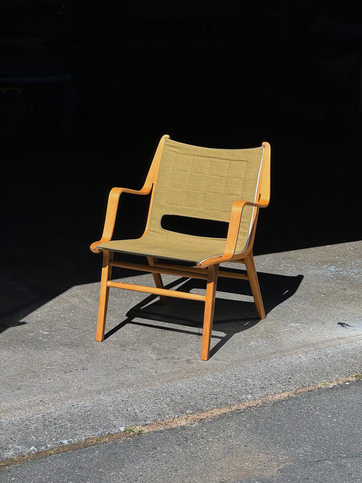 1960s AX Chair by Peter Hvidt and Orla Molgaard Nielsen for Fritz Hansen in beech, mahogany, and green fabric
