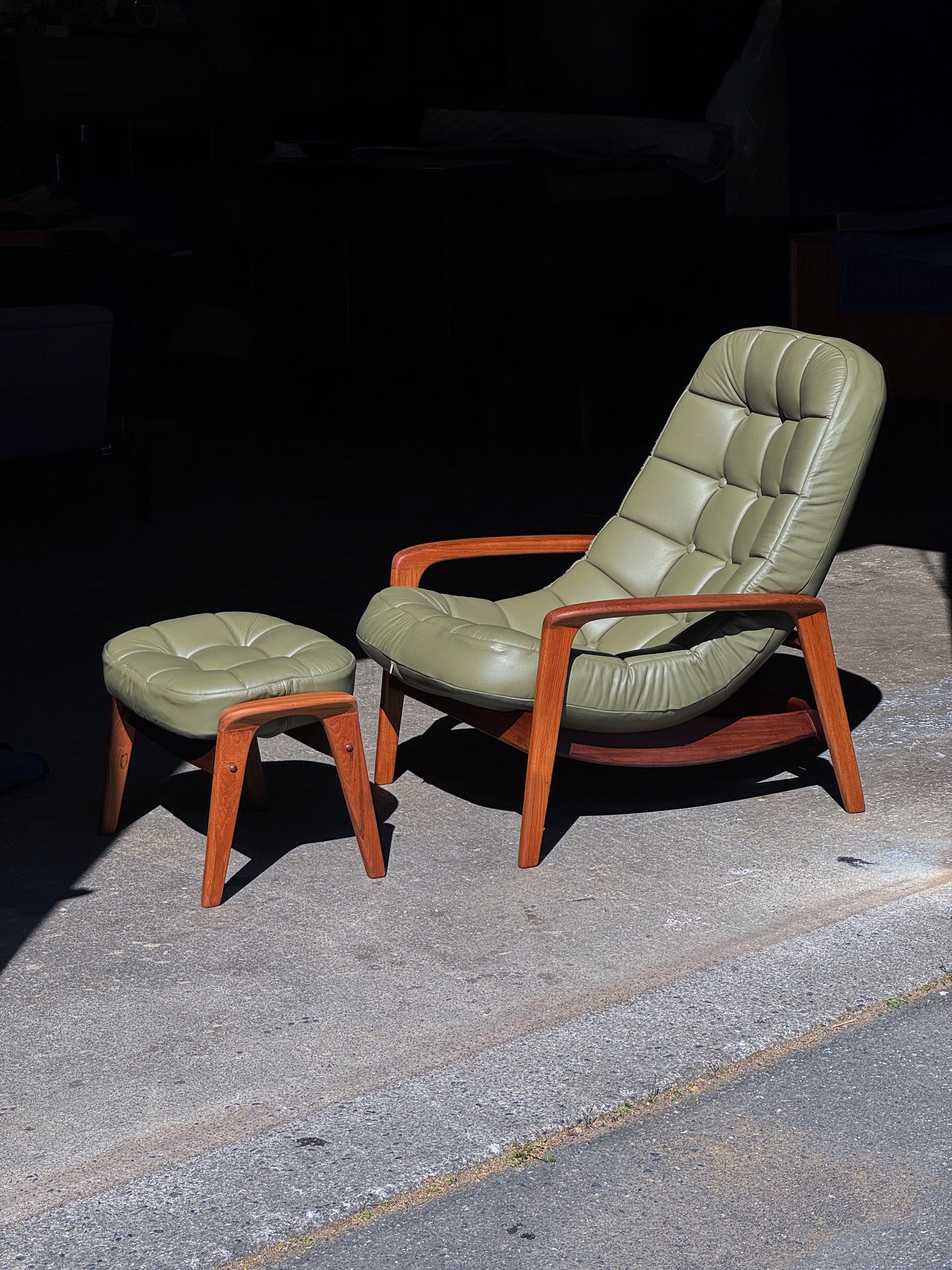 1960s Scoop Chair and Ottoman by R Huber in teak and green leather