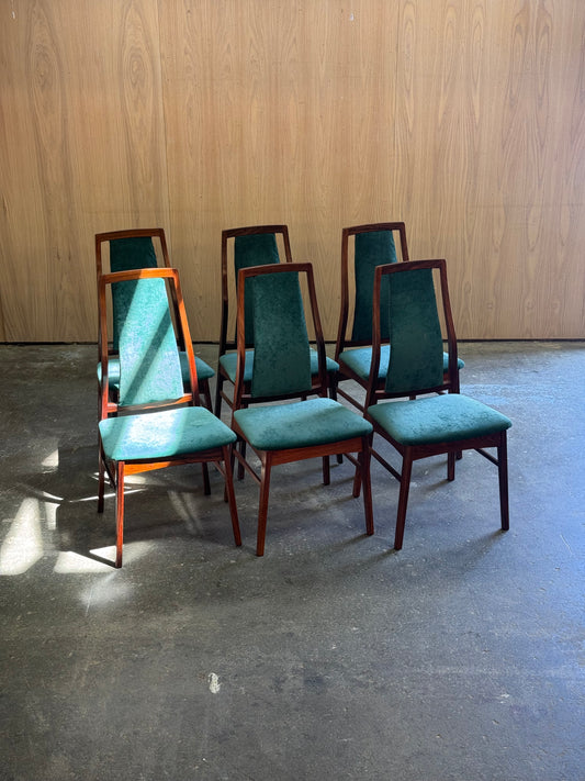 1960s Set of 6 Dining Chairs by Niels Koefoed for Koefoed Hornslet in rosewood and green velvet