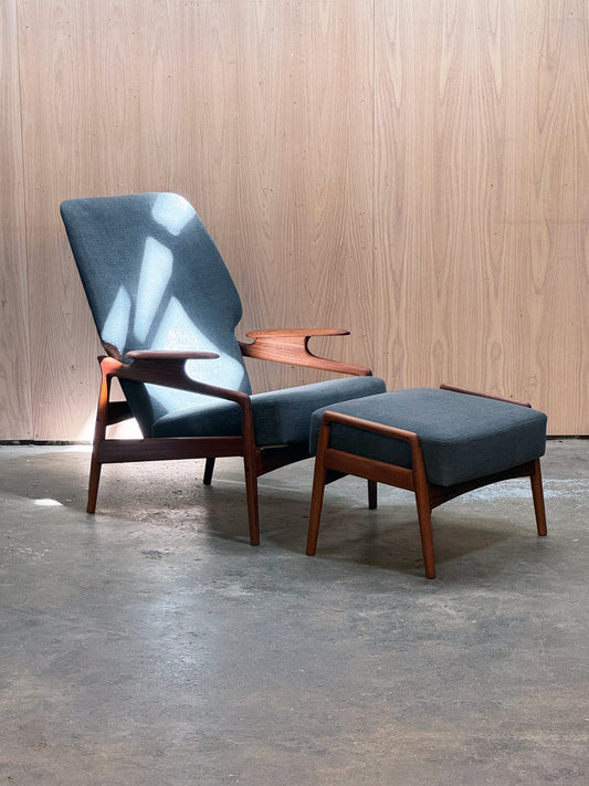 1960s Reclining Lounge Chair and Ottoman by John Boné for A. Mikael Laursen in teak