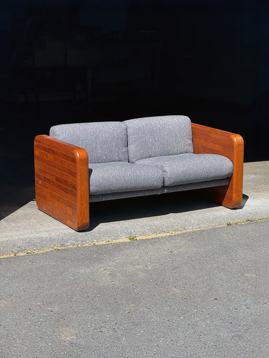 1970s 2-Seater Sling Sofa in solid teak and tweed upholstery