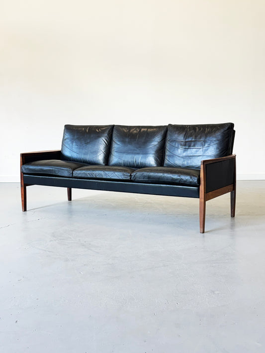 1960s Hans Olsen Three-Seater Sofa in Rosewood and Black Leather, completely original.
