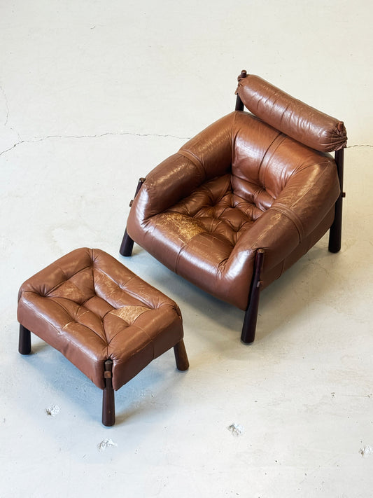 1970s Percival Lafer MP-81 Lounge Chair and Ottoman in Original Brown Leather and Brazilian Jatobá