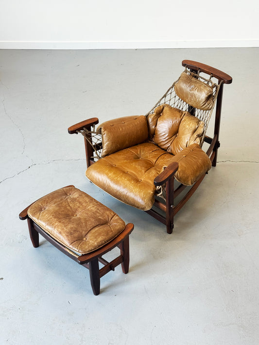 1960s Jangada Lounge Chair and Ottoman by Jean Gillon in Rosewood and original Brown Leather