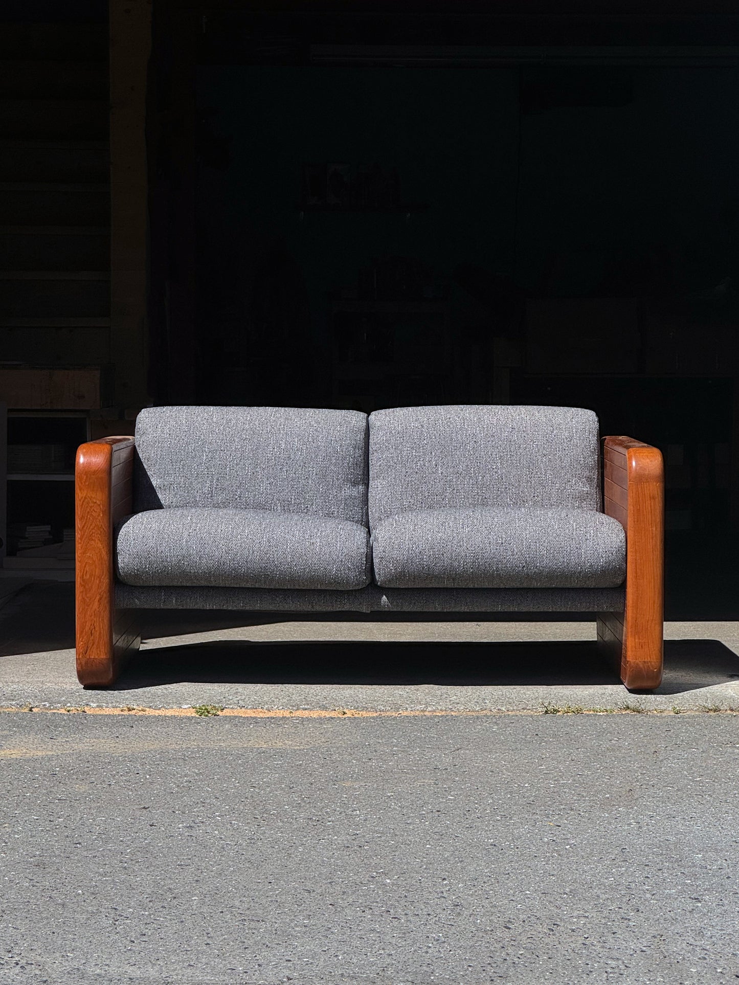 1970s 2-Seater Sling Sofa in solid teak and tweed upholstery