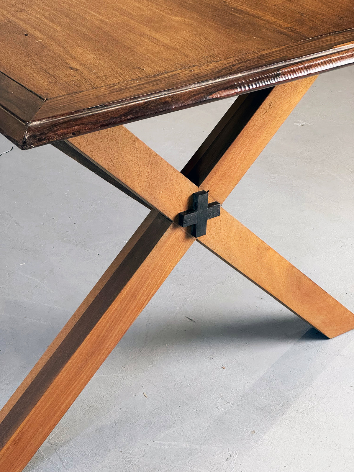 Vintage Monumental Solid Walnut and Rosewood Dining Table with X-Frame Base.