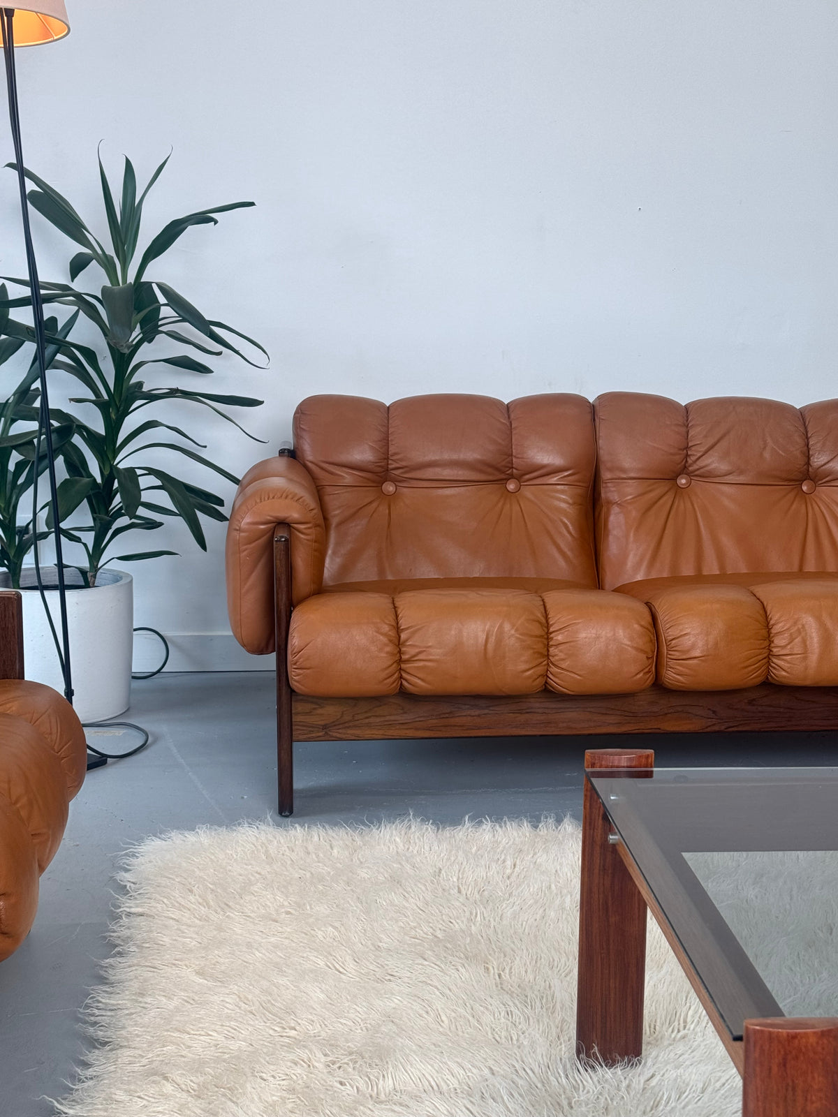 1970s Finnish Cognac Leather and Rosewood Three-Seat Sofa by Kalustekiila