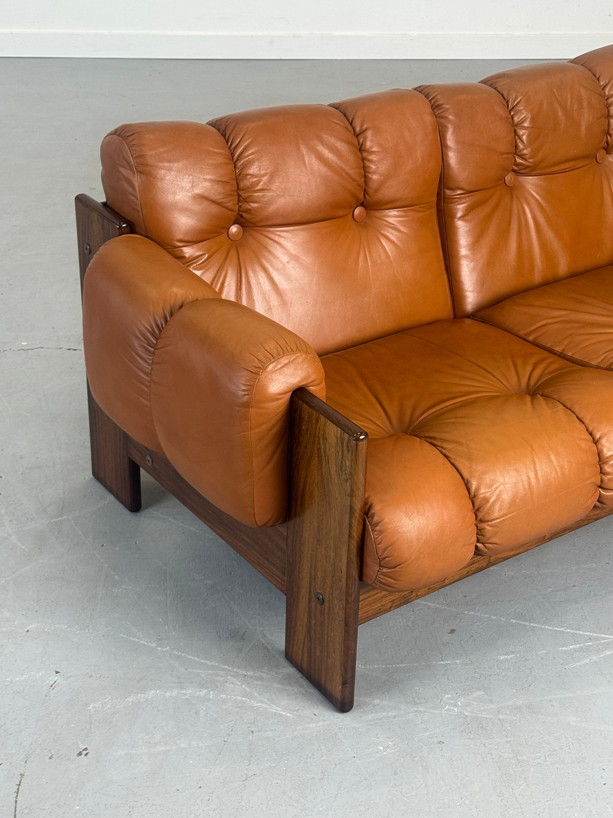 1970s Finnish Cognac Leather and Rosewood Two-Seat Sofa by Kalustekiila
