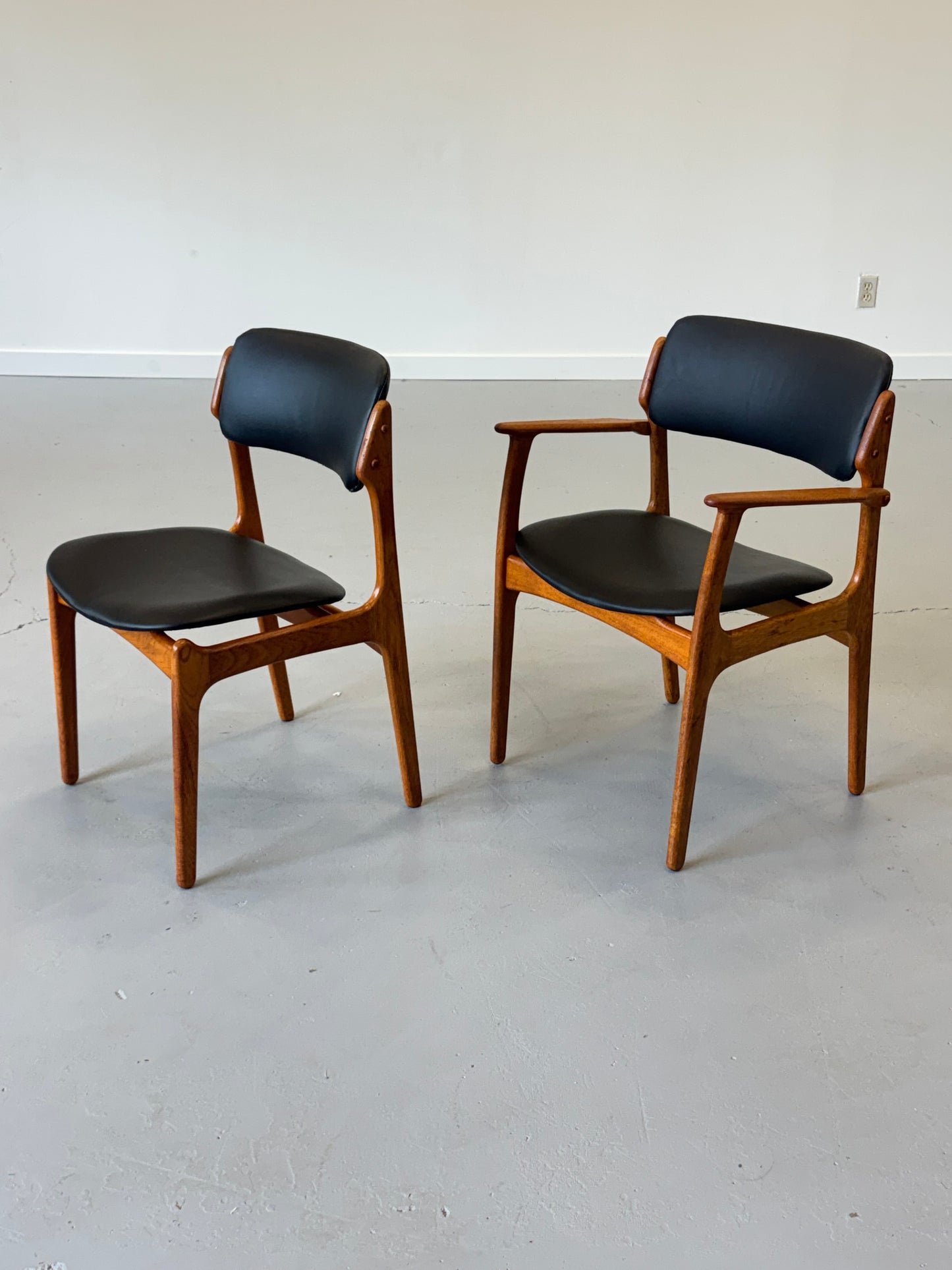 1960s Erik Buch Model 50 Dining Chairs in Teak and Black Elmosoft Leather for O.D. Møbler