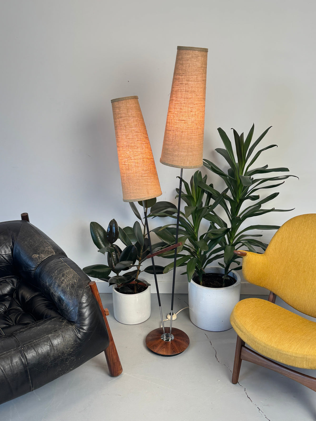 1950s–1960s German Twin-Cone Floor Lamp in Rosewood, steel, Chrome and Textured Fabric.