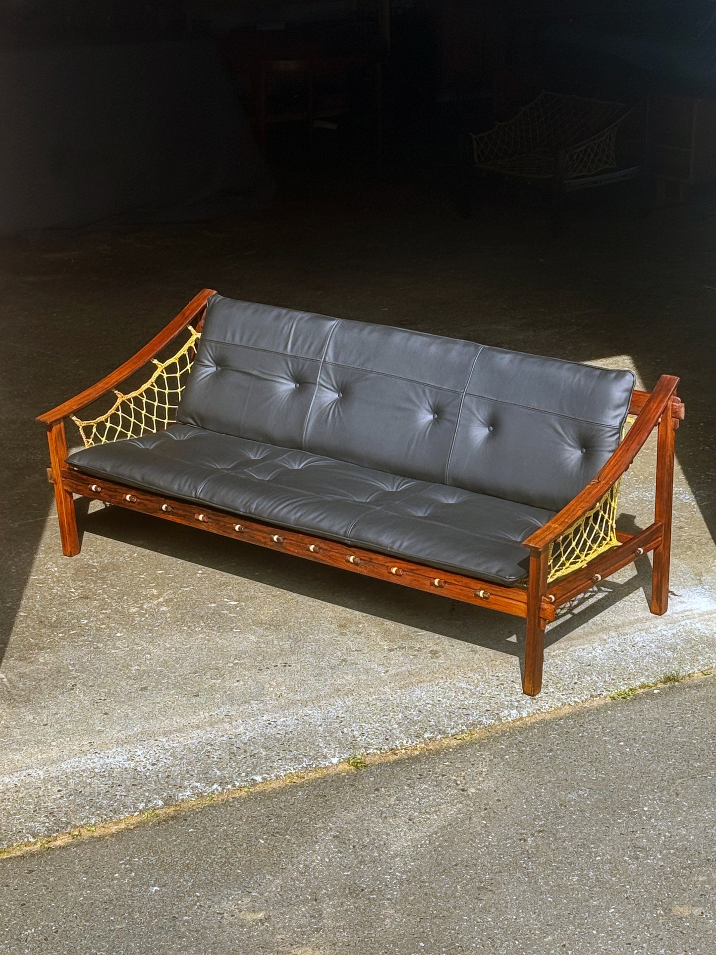 1960s Amazonas Sofa by Jean Gillon for Wood Art in rosewood and black leather