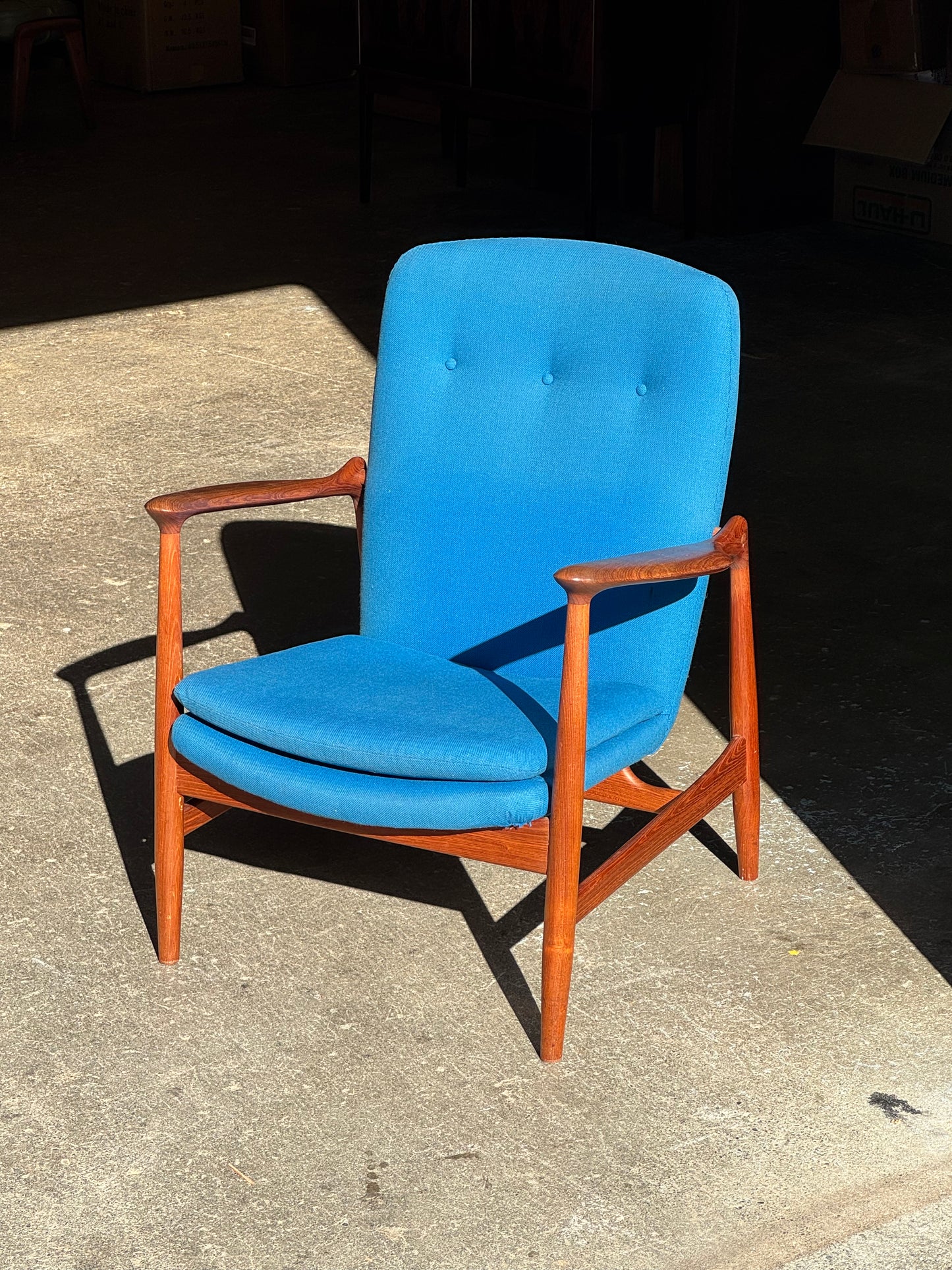 1950s BO98 Chair by Finn Juhl for Bovirke in teak and blue wool