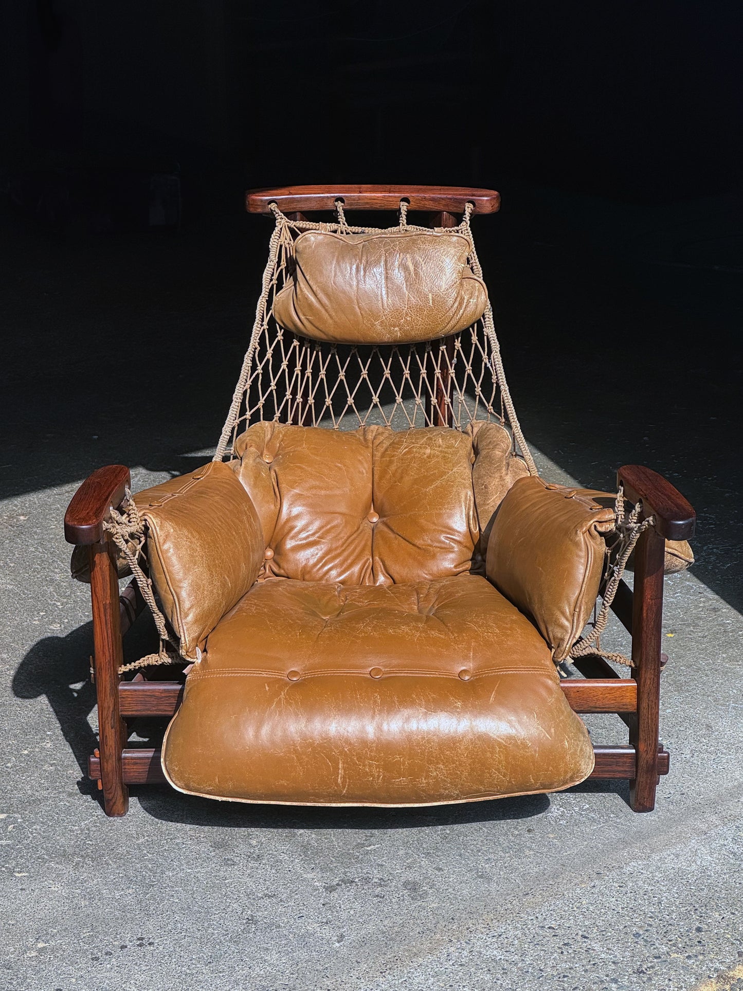 1960s Jangada Lounge Chair and Ottoman by Jean Gillon in Rosewood and original Brown Leather