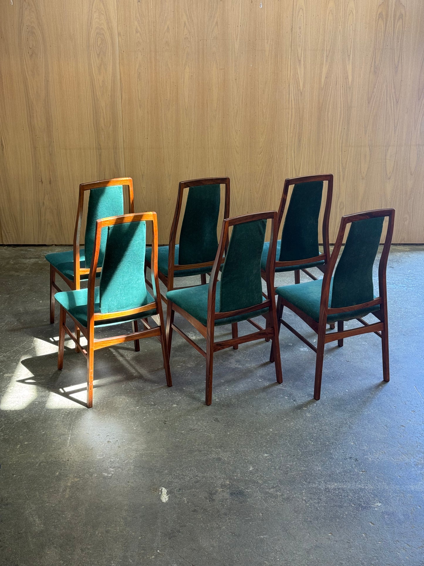 1960s Set of 6 Dining Chairs by Niels Koefoed for Koefoed Hornslet in rosewood and green velvet