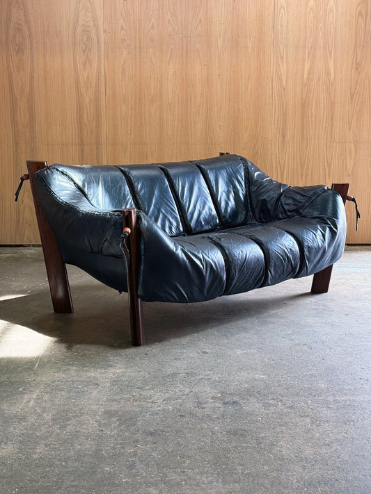 1970s MP-211 Two-Seater Sofa by Percival Lafer in original black leather and rosewood