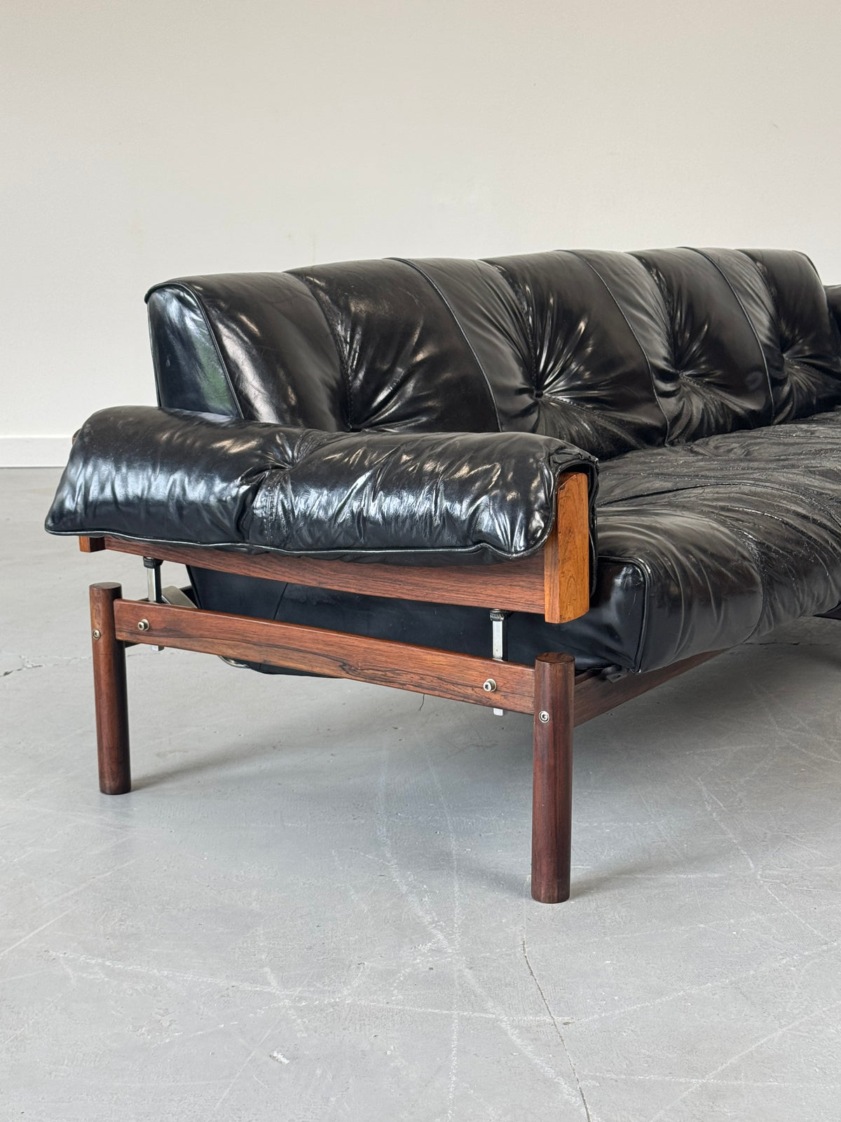 1960s MP-13 Four-Seat Sofa by Percival Lafer in Original Black Leather and Brazilian Rosewood.