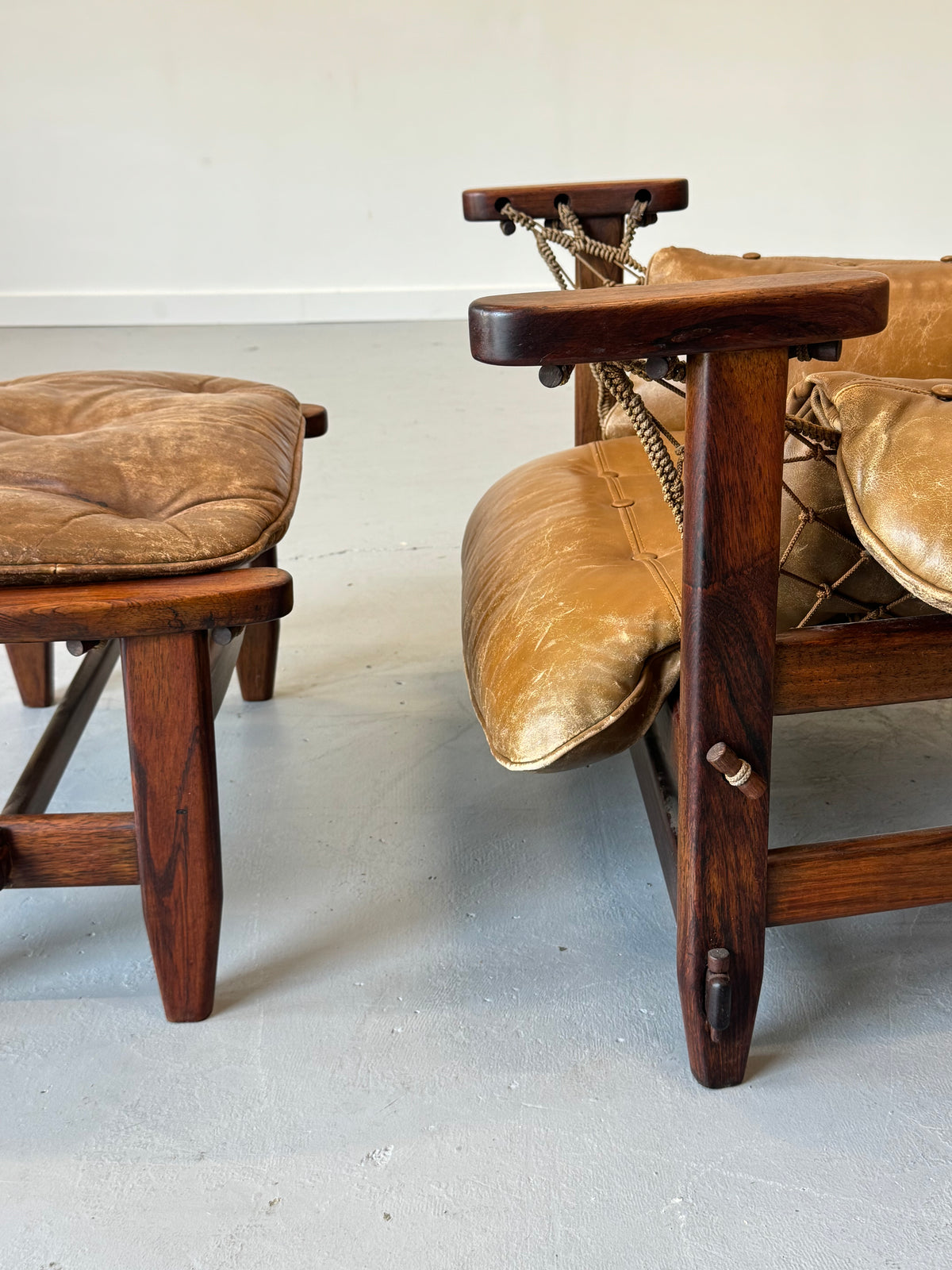 1960s Jangada Lounge Chair and Ottoman by Jean Gillon in Rosewood and original Brown Leather