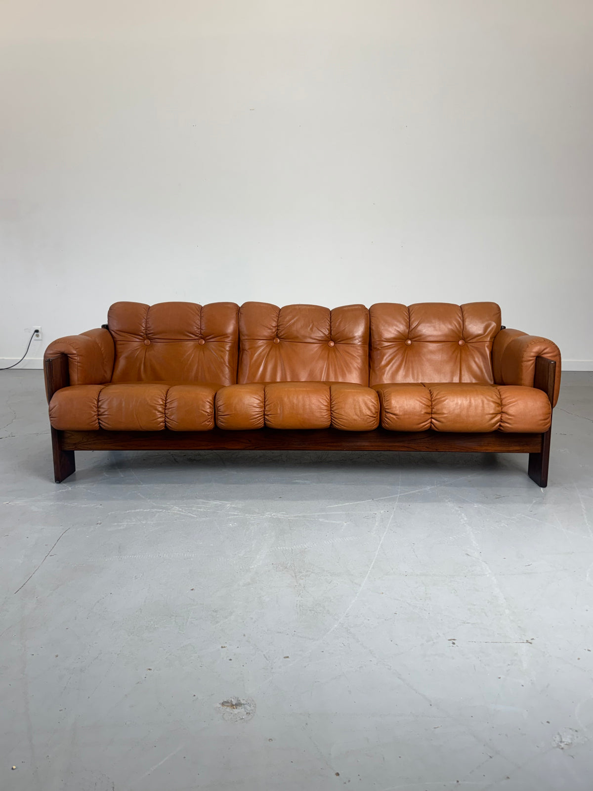 1970s Finnish Cognac Leather and Rosewood Three-Seat Sofa by Kalustekiila