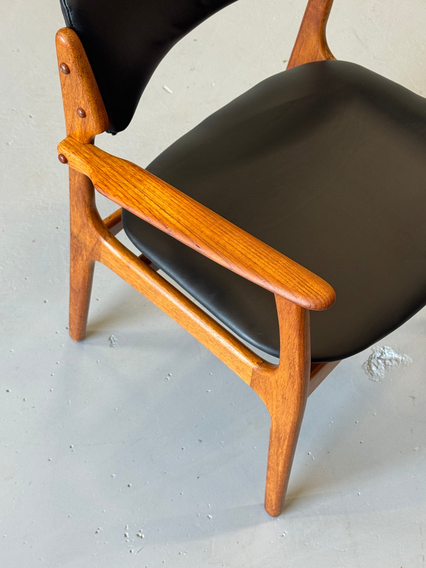 1960s Erik Buch Model 50 Dining Chairs in Teak and Black Elmosoft Leather for O.D. Møbler