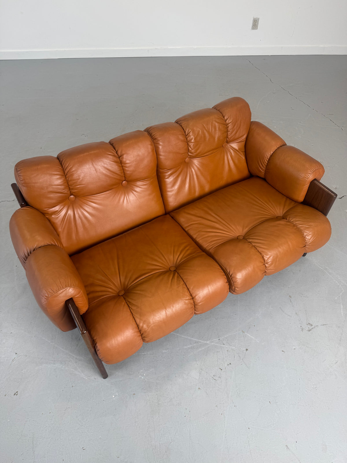 1970s Finnish Cognac Leather and Rosewood Two-Seat Sofa by Kalustekiila