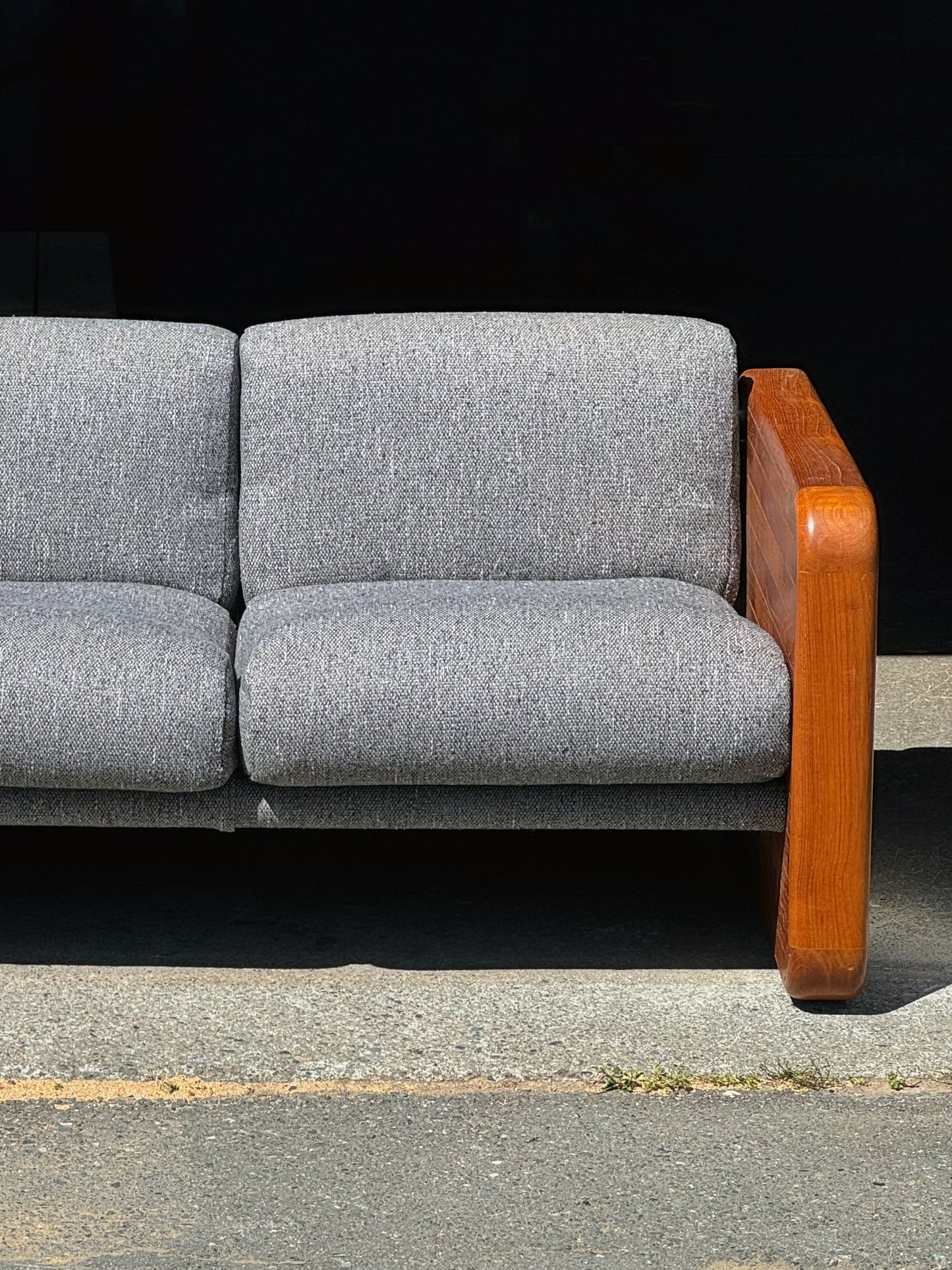 1970s 2-Seater Sling Sofa in solid teak and tweed upholstery