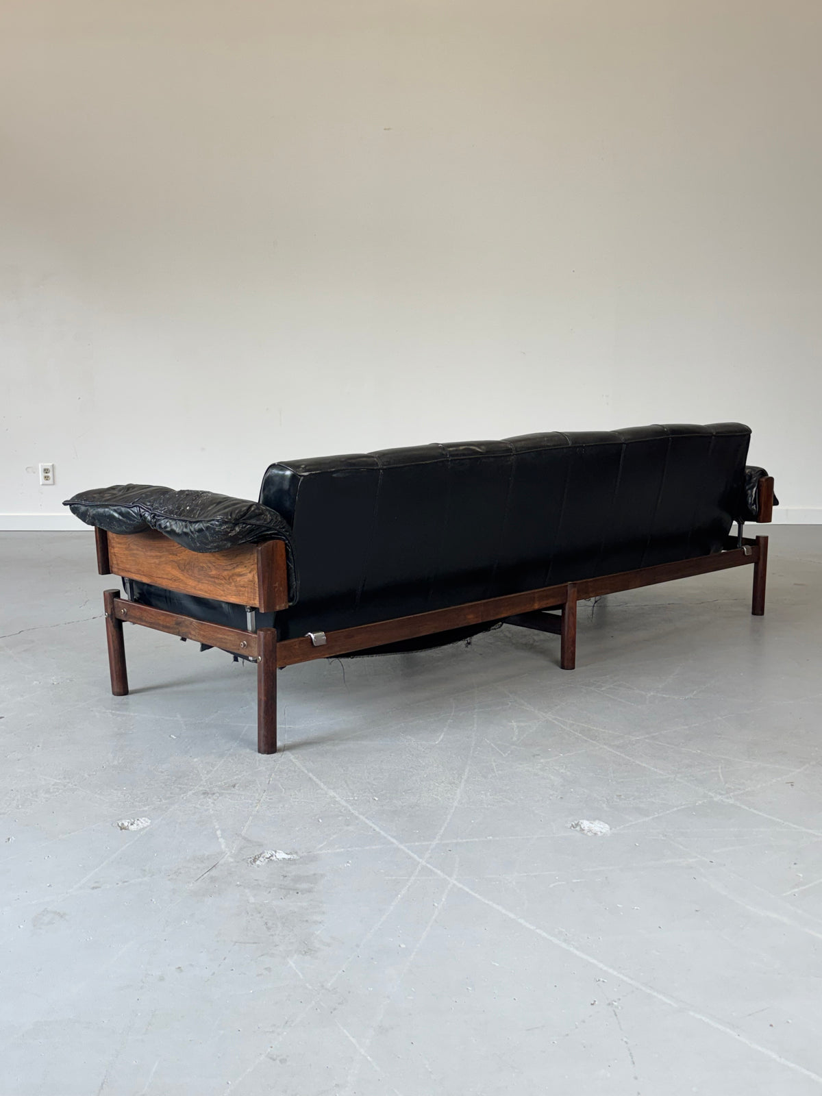 1960s MP-13 Four-Seat Sofa by Percival Lafer in Original Black Leather and Brazilian Rosewood.