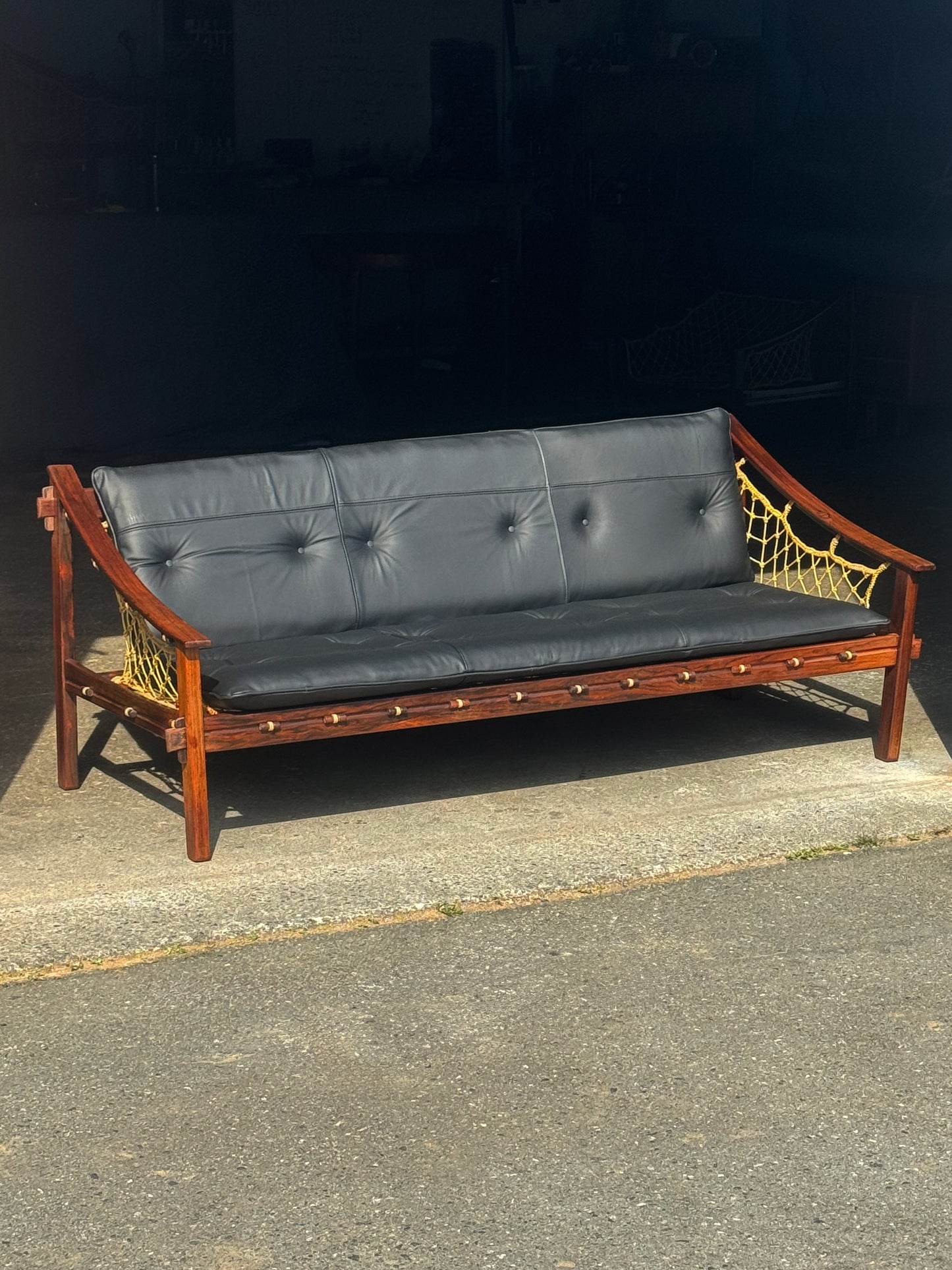 1960s Amazonas Sofa by Jean Gillon for Wood Art in rosewood and black leather