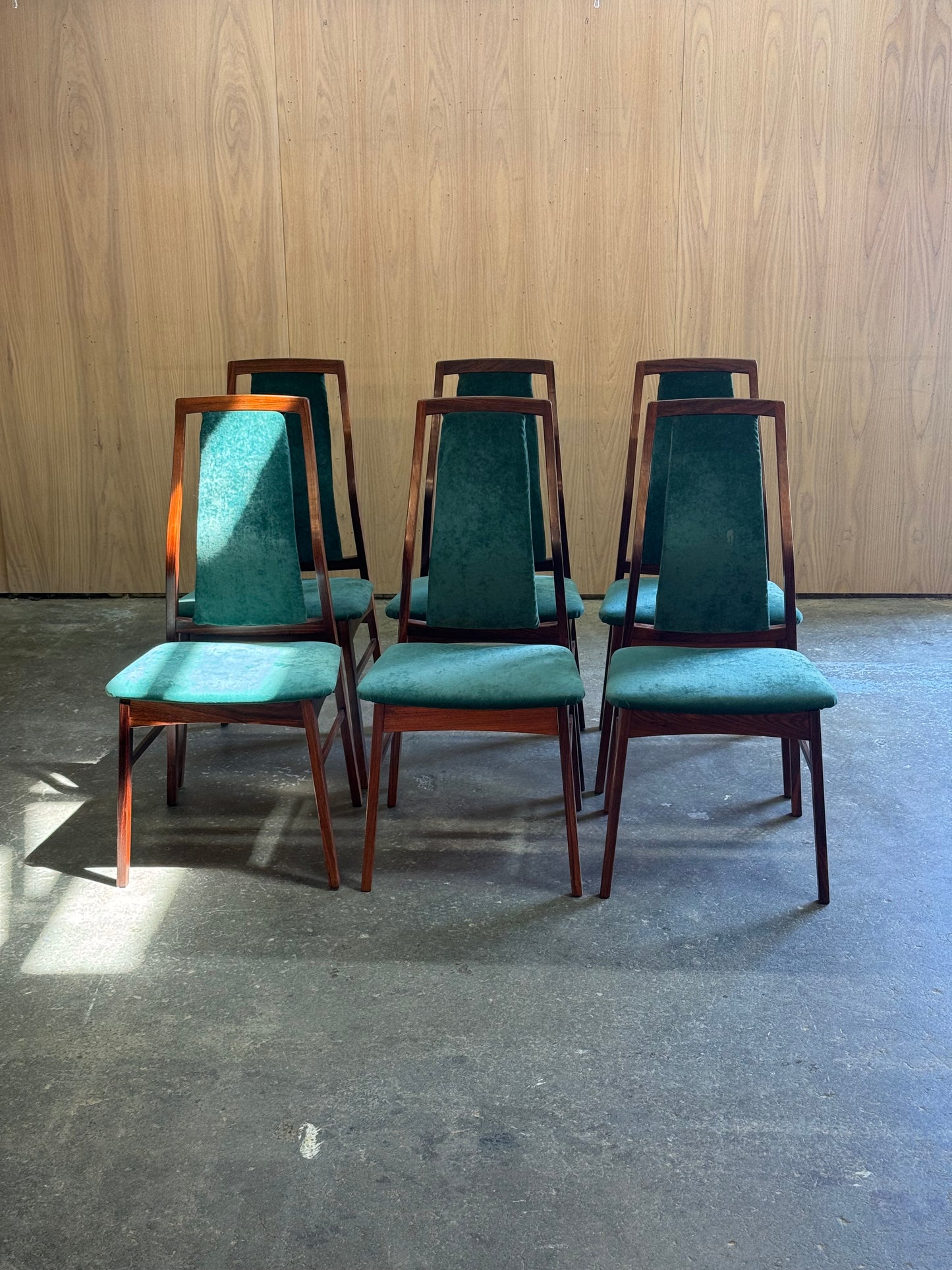 1960s Set of 6 Dining Chairs by Niels Koefoed for Koefoed Hornslet in rosewood and green velvet
