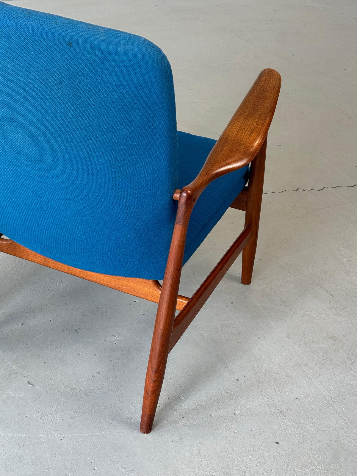1950s BO95 Chair by Finn Juhl for Bovirke in teak and original blue wool.