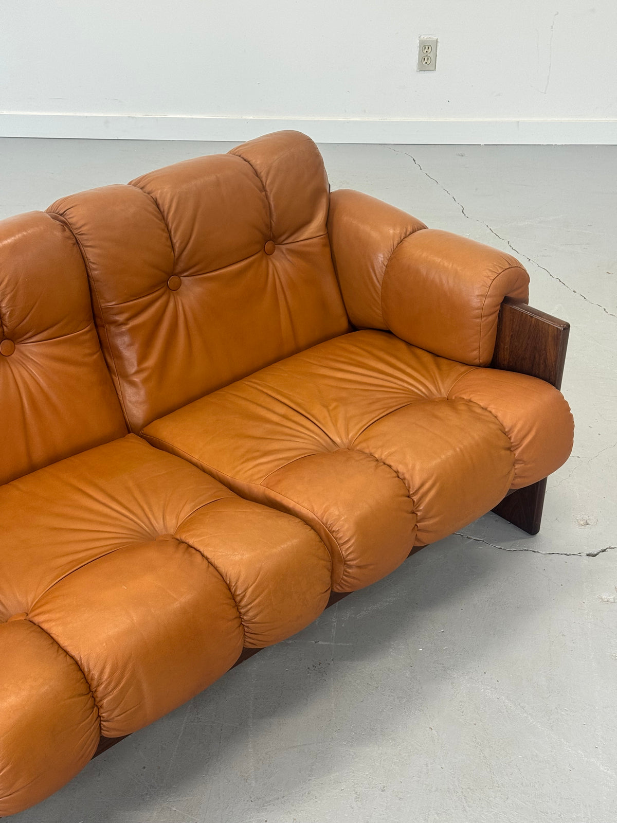 1970s Finnish Cognac Leather and Rosewood Three-Seat Sofa by Kalustekiila