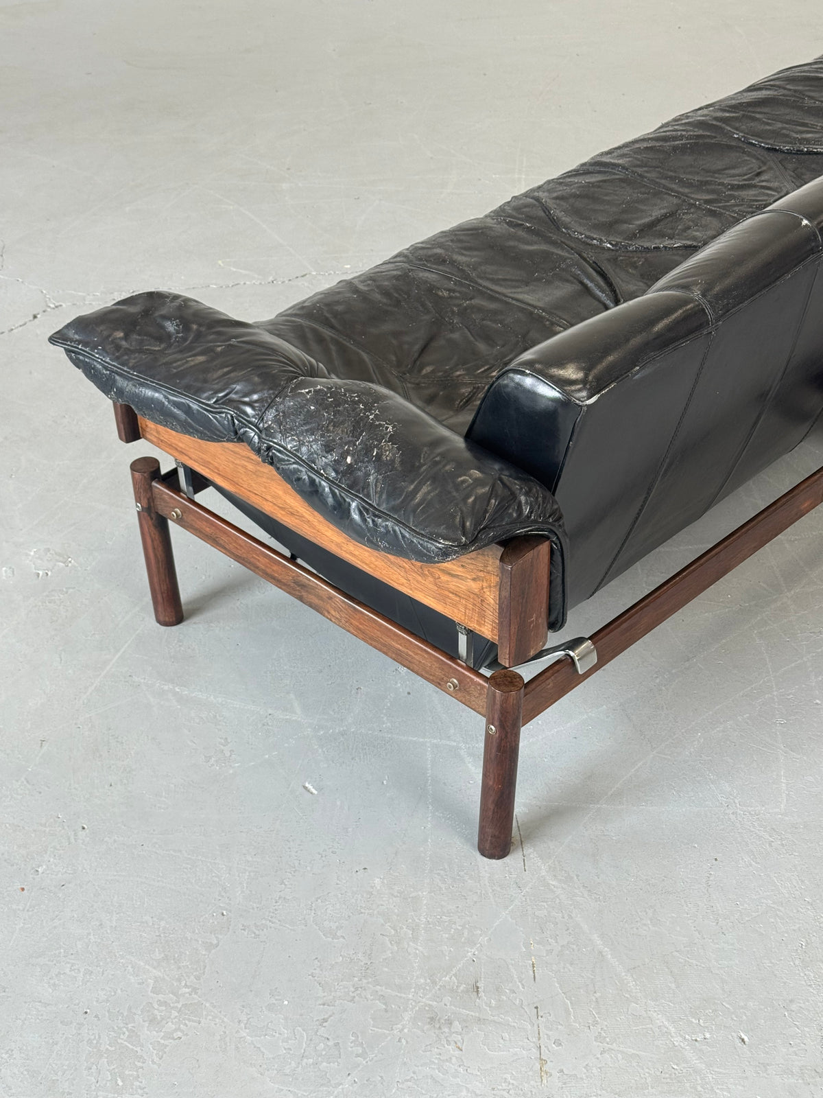 1960s MP-13 Four-Seat Sofa by Percival Lafer in Original Black Leather and Brazilian Rosewood.